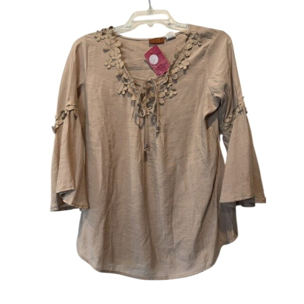 Scully Western Blouse S NWT Cotton Floral Applique Bell Sleeve Lace Up Boho